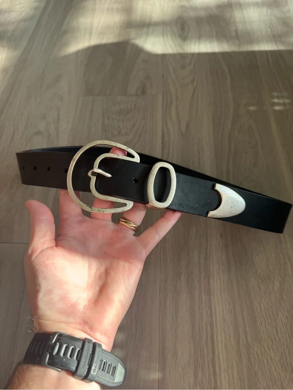 Magda Butrym Black Leather Western Belt Gold Sculptural Buckle One Size